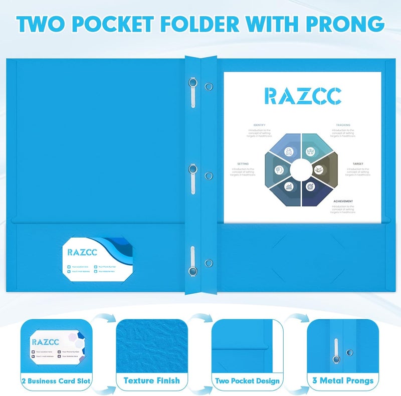 RAZCC Two Pocket Folders, 50 Pack Two Pocket Folders with Prongs, 3 Prong Folders Fit Letter Size Paper, Pocket File Folders for School Office Home Business, Blue - Image 3